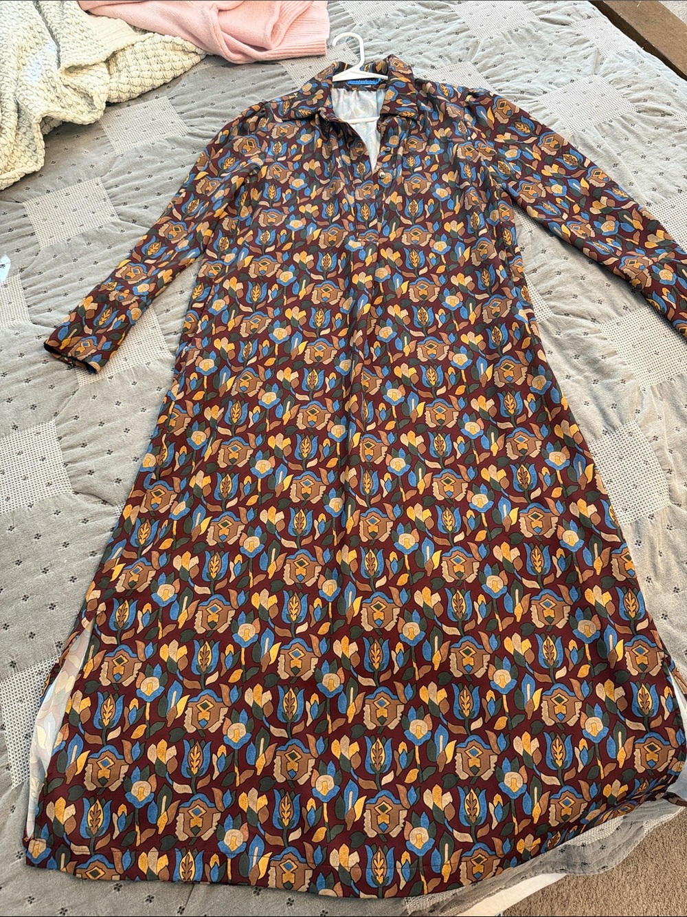 Vintage-Inspired Floral Maxi Dress in Brown and Blue